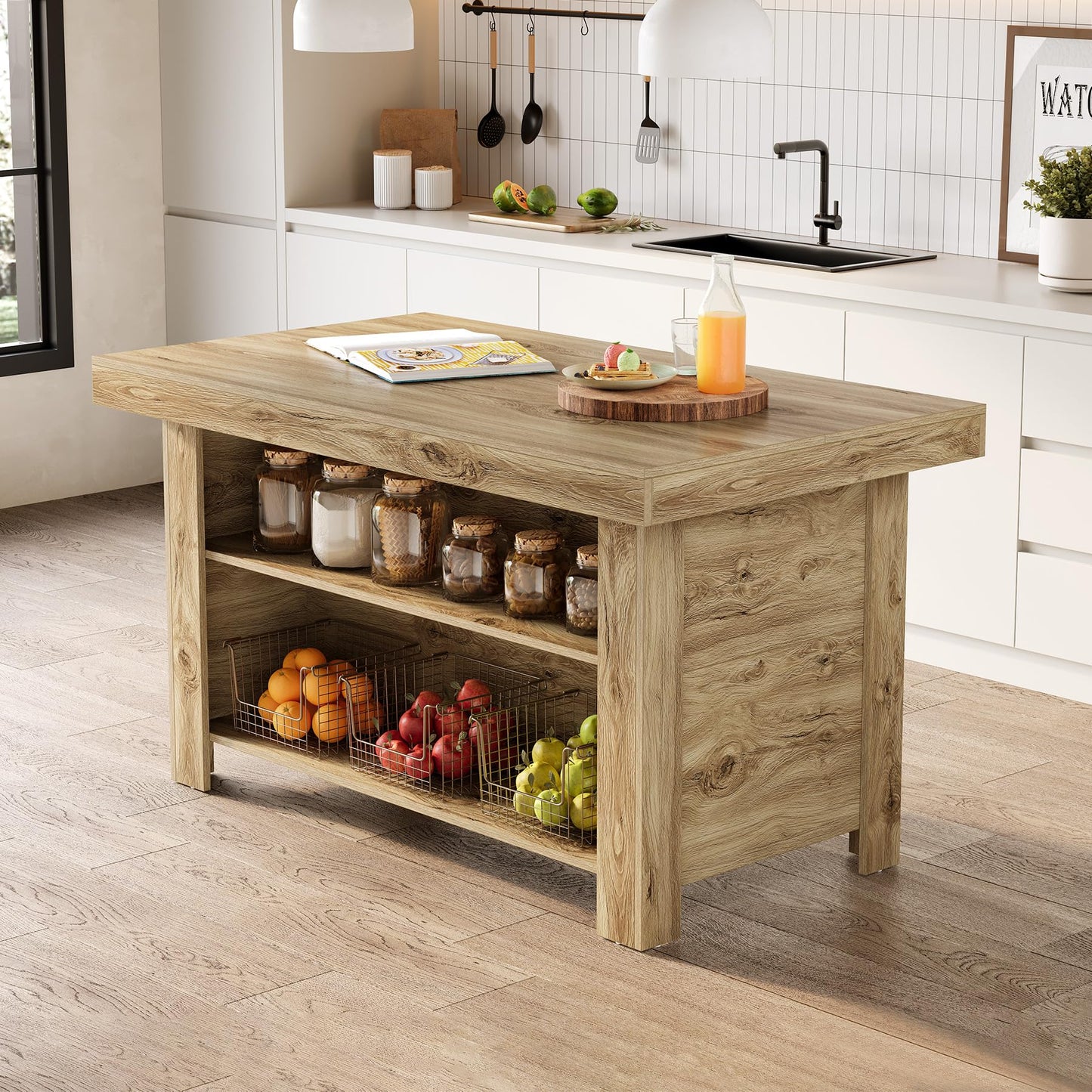 LITTLE TREE 55 Inches Kitchen Island with Storage, 3-Tier Farmhouse Wooden Stationary Island Table with Large Worktop & Leg Room, Modern Coffee Bar Table with Storage Shelf for Kitchen, Oak