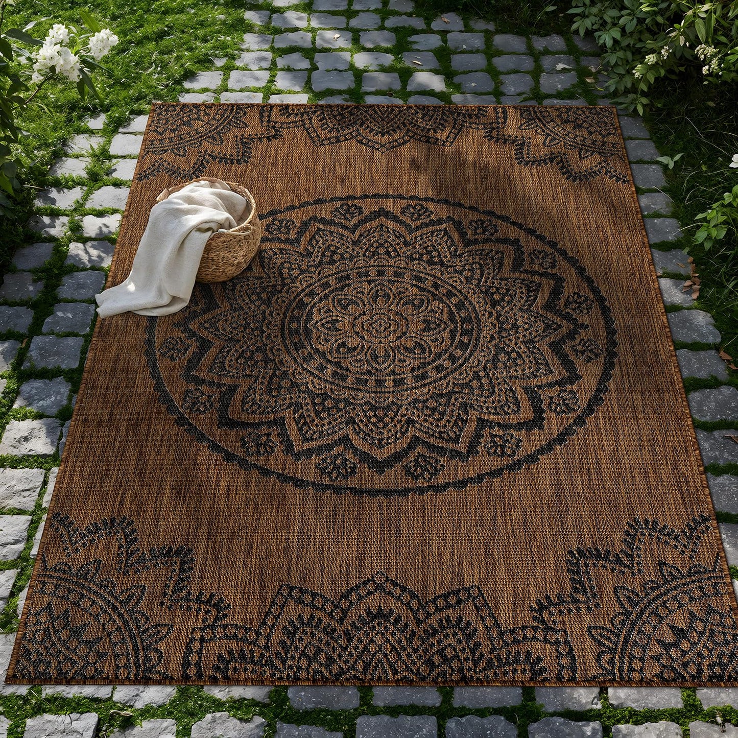 CAMILSON Outdoor Rug 8x10 Modern Area Rugs for Indoor and Outdoor Patios and Porches - Waterproof Washable Non-Shedding Easy-to-Clean Outside Carpet (8 x 10 Medallion - Gold/Black)
