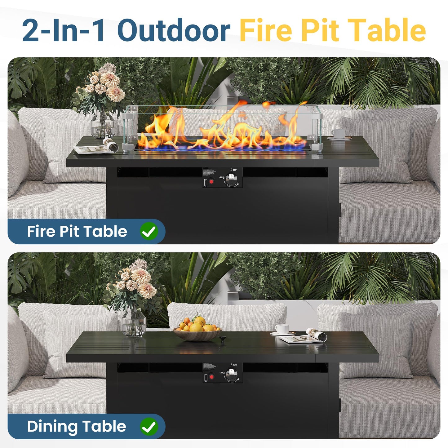 FansaFurn 43'' Propane Fire Pit Table, 50000 BTU Gas Fire Pits Table with Removable Lid and Lava Rock, Rectangular Fire Table with Cover, Ideal for Dining or Party on Patio, Garden, Yard, Black
