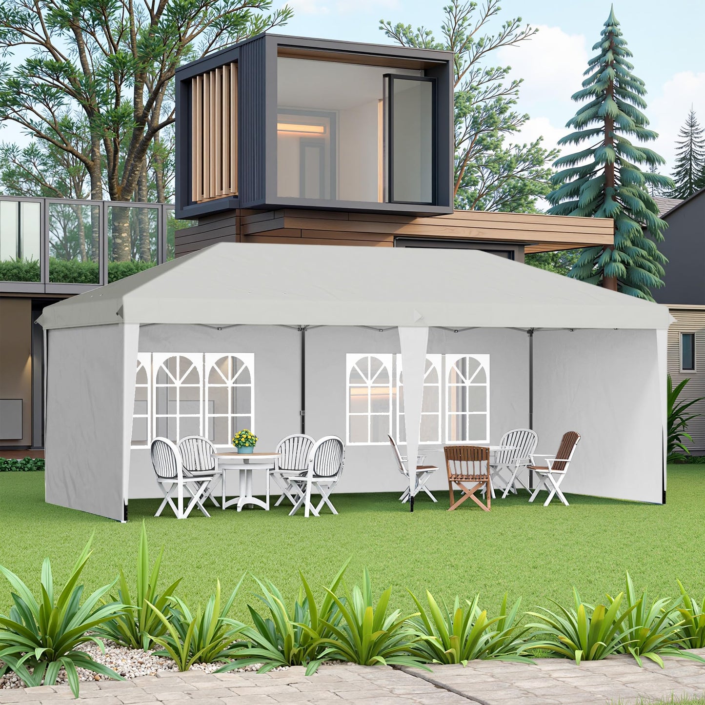 Osparple Canopy Tent for Parties 19.2'x9.7' Pop Up Canopy Tent with 4 Sidewalls Outdoor Instant Gazebo with Carry Bag Sunshades for Patio, Outdoor, Garden, White