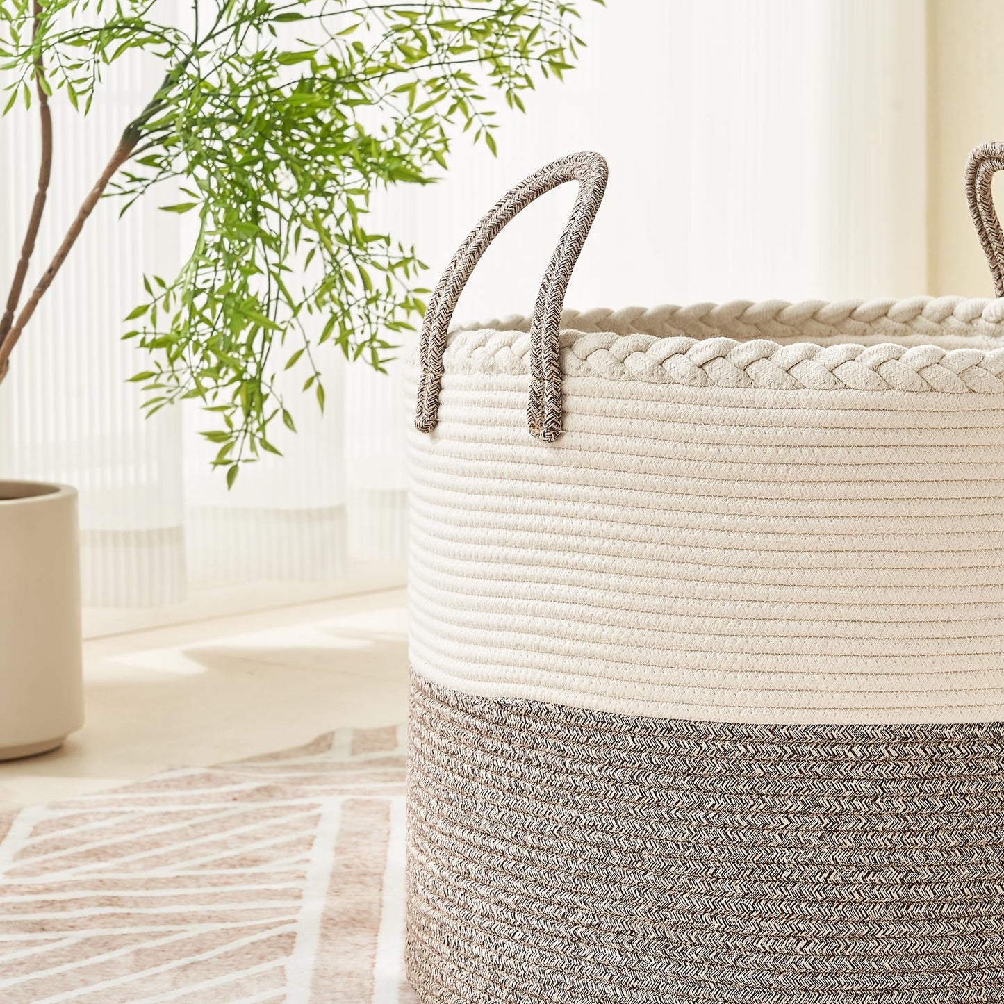 KAKAMAY Large Blanket Basket (18"x18"x16"),Woven Baby Laundry Hamper for Storage, Cotton Rope Blankets Baskets for Nursery, Laundry, Living Room, Pillows, Baby Toy chest with Handles (White/Beige)