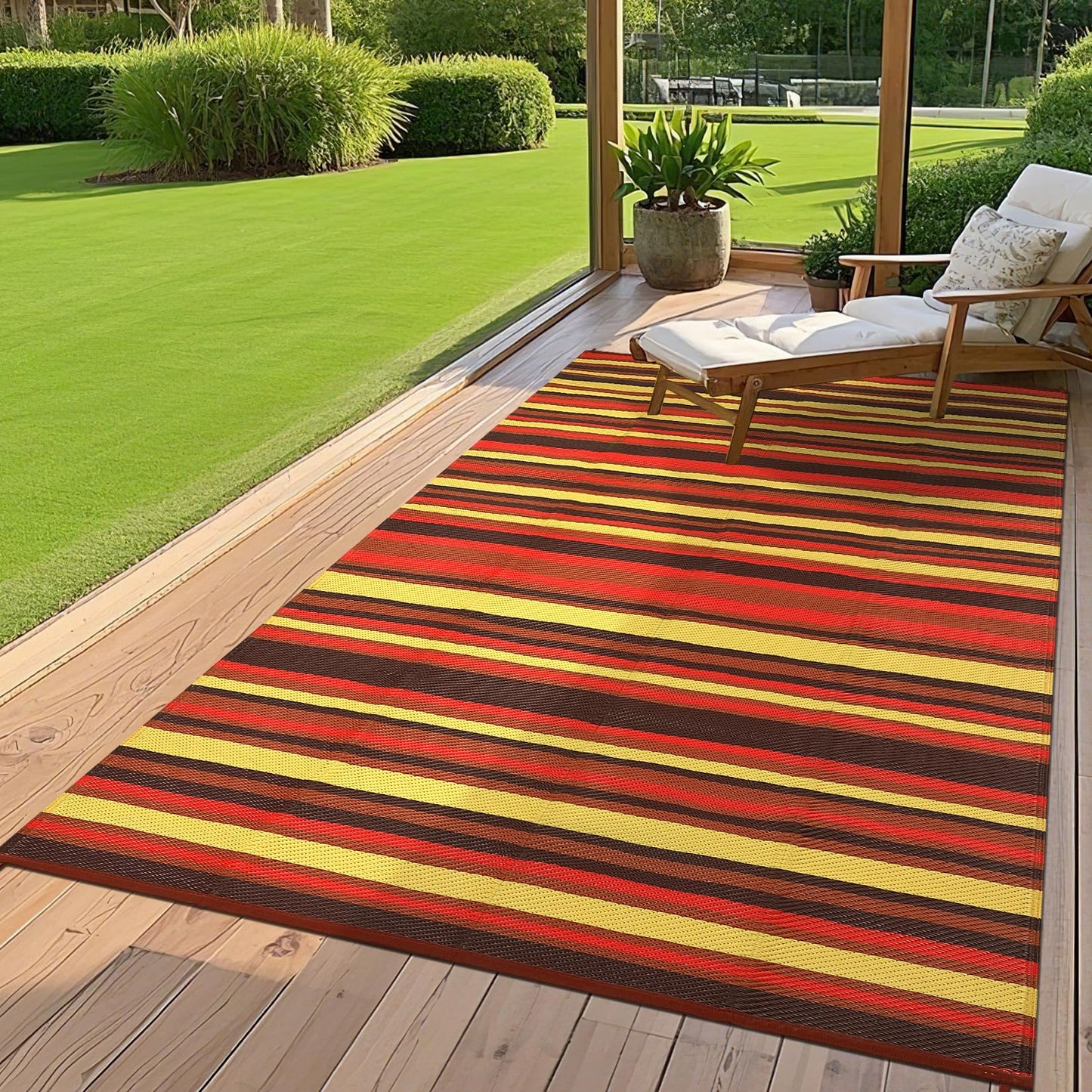 Garvee Outdoor Rug 9x18 Waterproof Outside Carpet for Patio, Reversible Modern Colorful Stripe RV Rug, Durable UV Resistant Deck Mat for Poolside Garden Backyard Balcony