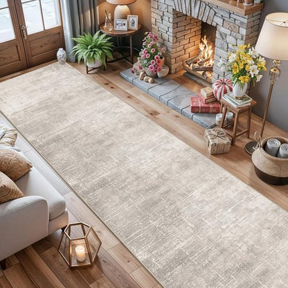 Hallway Washable Runner Rug - Stain Resistant Abstract Design | Soft Non-Slip Indoor Carpet (2'6x14, Beige/Cream)