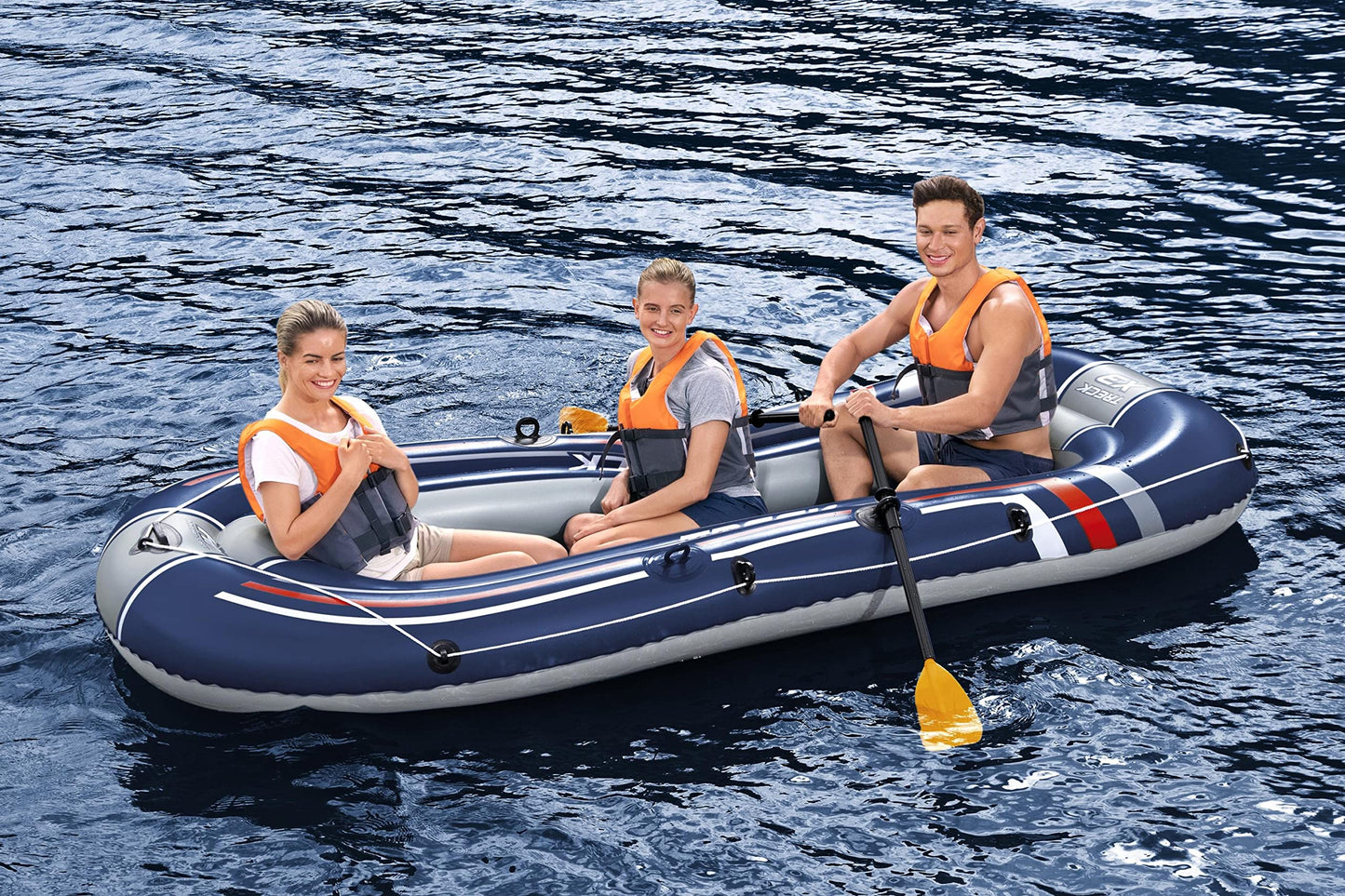 Bestway Hydro-Force Treck X3 Inflatable 3 Person Water Raft Outdoor Floating Boat Set with Pair of Oars, Foot Pump, and Repair Patch