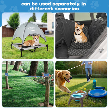 Velupet Zoom 4-in-1 Pet Travel & Outdoor Set, Include 48in Gray Elevated Dog Bed with Canopy, Dog Canopy Bed, Pet Back Seat Cover, 50ft Tie Out Cable, Collapsible Double Pet Bowls
