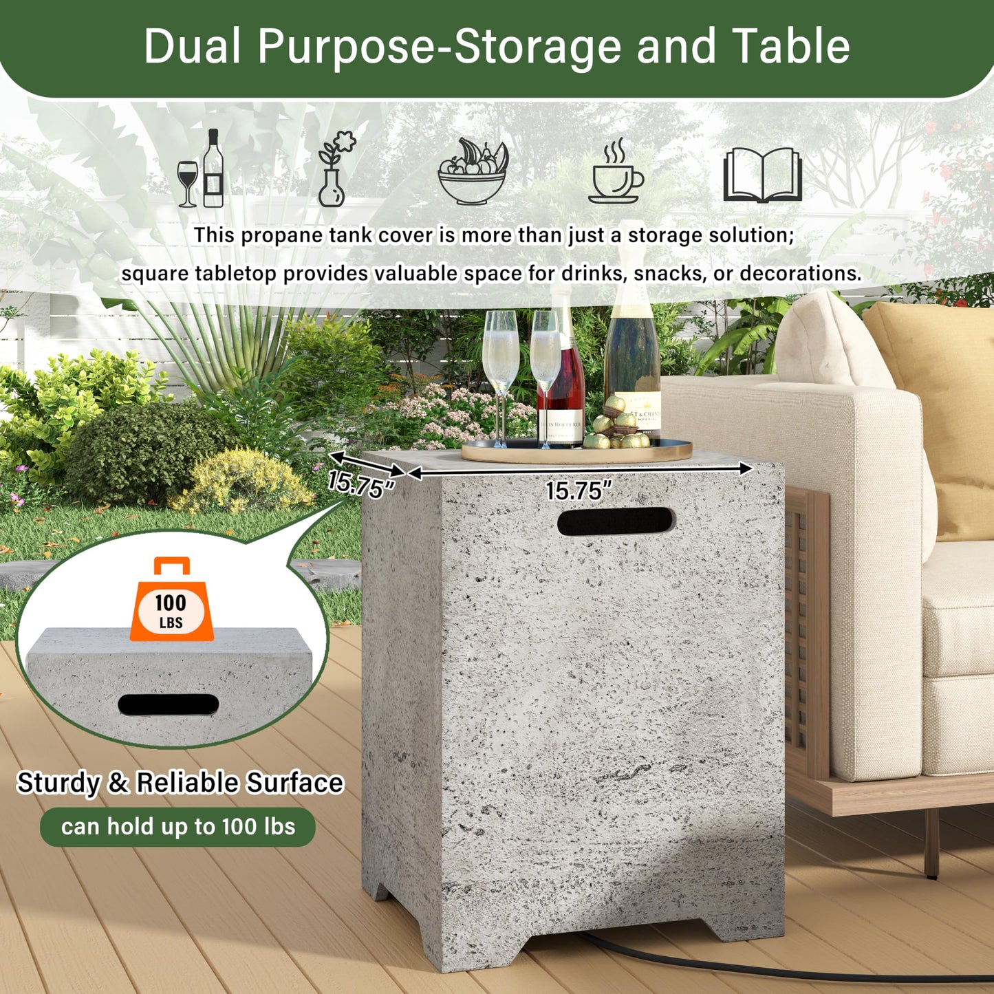 Merax Outdoor 15.75''MGO Propane Tank Cover Table, Propane Tank Holder with Handles on Both Sides & Groove Hole at The Bottom,Fire Side Table for Gas Fire Pits,No Assembly Needed, Light Gray