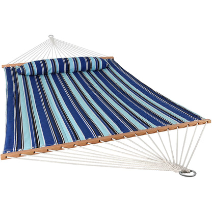 Sunnydaze Quilted Double Hammock for Outside with Spreader Bars and Pillow - 450 lb Capacity, 74x55 Inch Bed, UV Resistant, Quick Dry - Chains Included, Stand Sold Separately - Catalina Beach