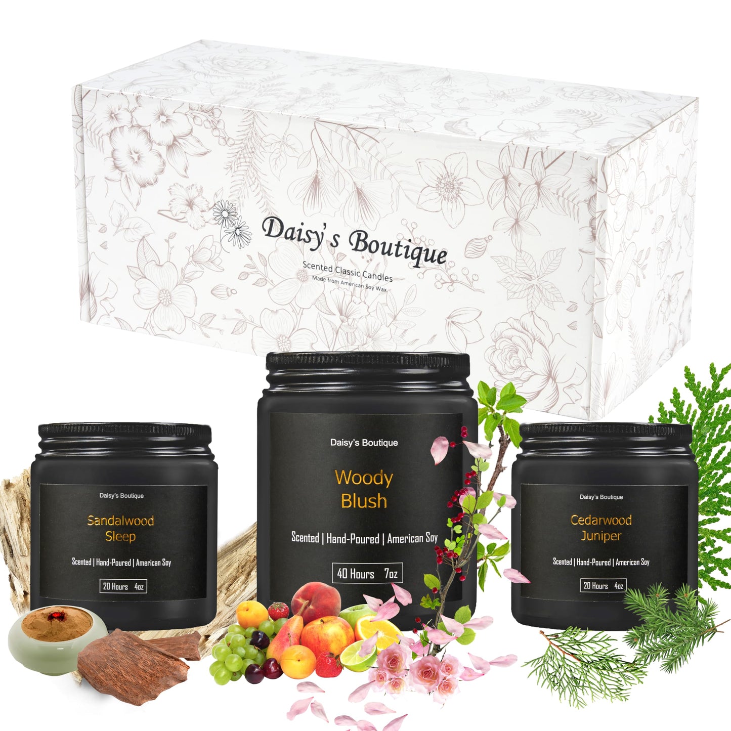 Scented Candles for Home Aromatherapy Candle Gift Present Set Soy Wax Long Lasting Gift Birthday Mother's Day Thanksgiving 3 Pack ((Sandalwood + Woody Blush + BlackCedarJuniper) Black Glass Jar)