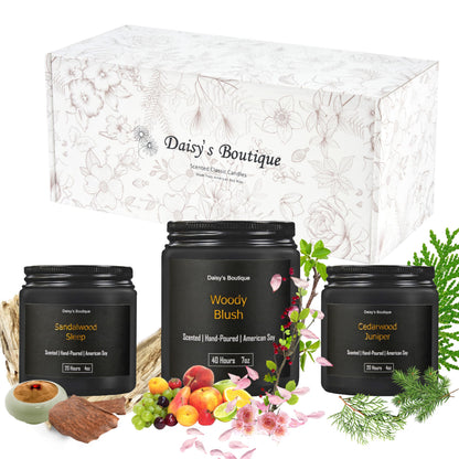 Scented Candles for Home Aromatherapy Candle Gift Present Set Soy Wax Long Lasting Gift Birthday Mother's Day Thanksgiving 3 Pack ((Sandalwood + Woody Blush + BlackCedarJuniper) Black Glass Jar)