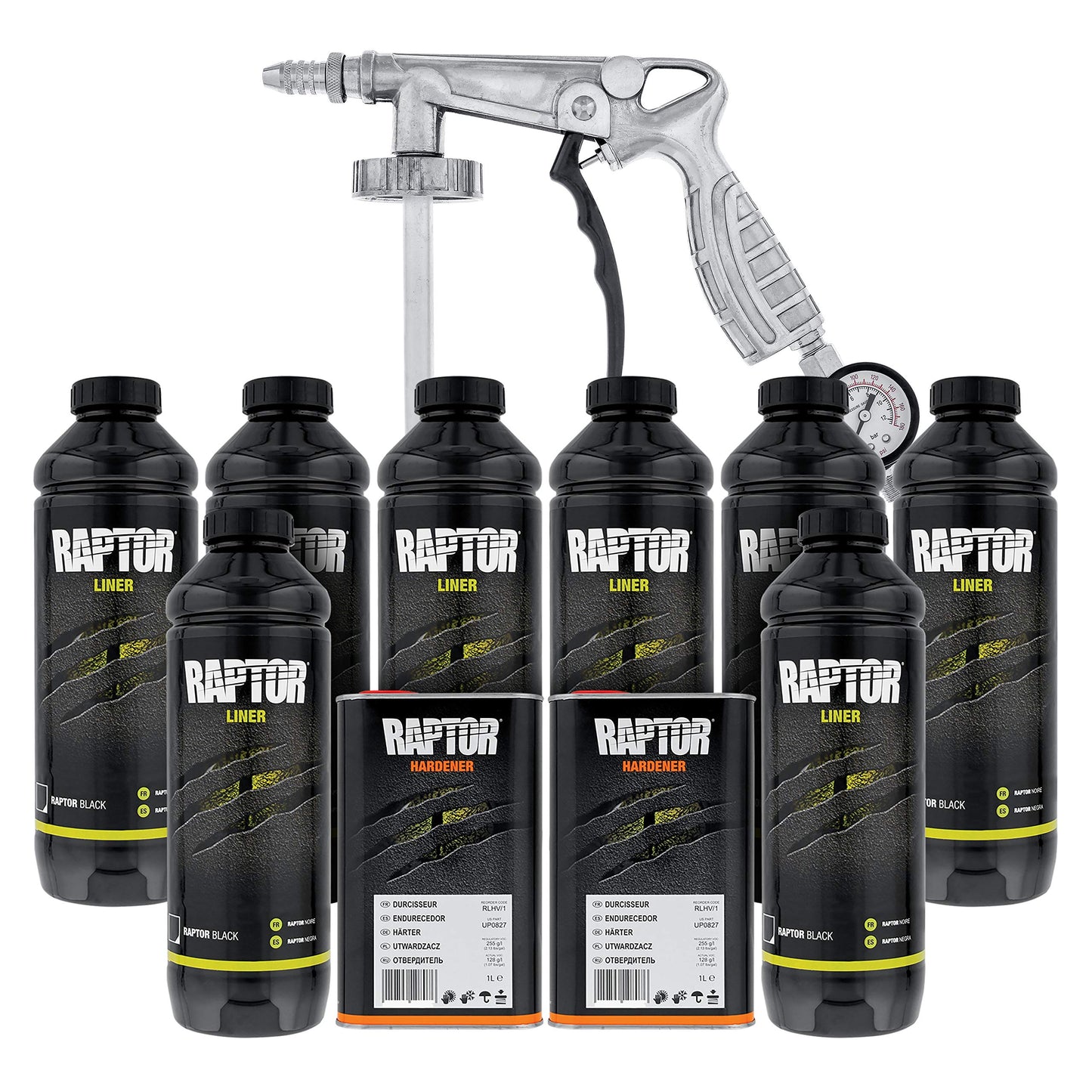 CUSTOM SHOP U-Pol Raptor Black Urethane Spray-On Truck Bed Liner 8 Quart Kit and Custom Coat Spray Gun with Regulator
