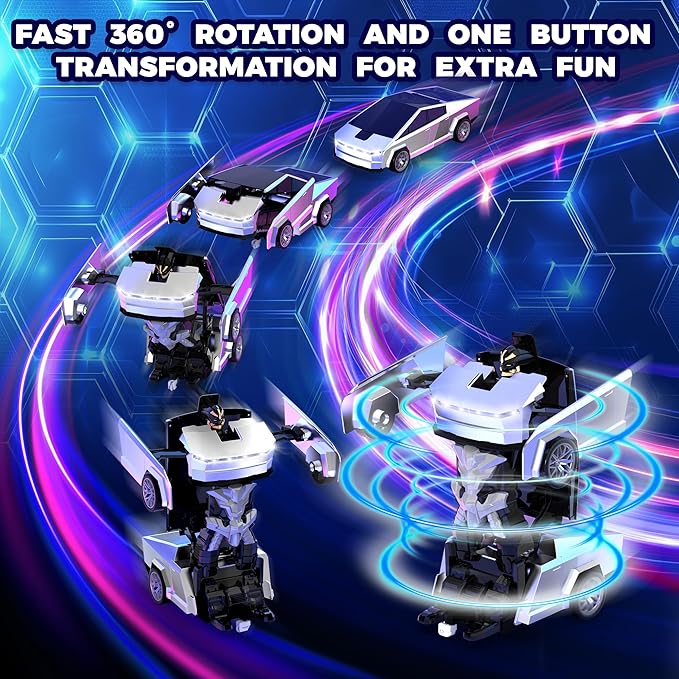 Transform RC Cyber Pickup Truck Cars Robot Toy for Kids 2.4GHz Remote Control Car with One-Button Deformation 360° Rotation LED Lights Valentine's Day Birthday Gifts for Boys Age 4-7-8-12（1:18 Scale）