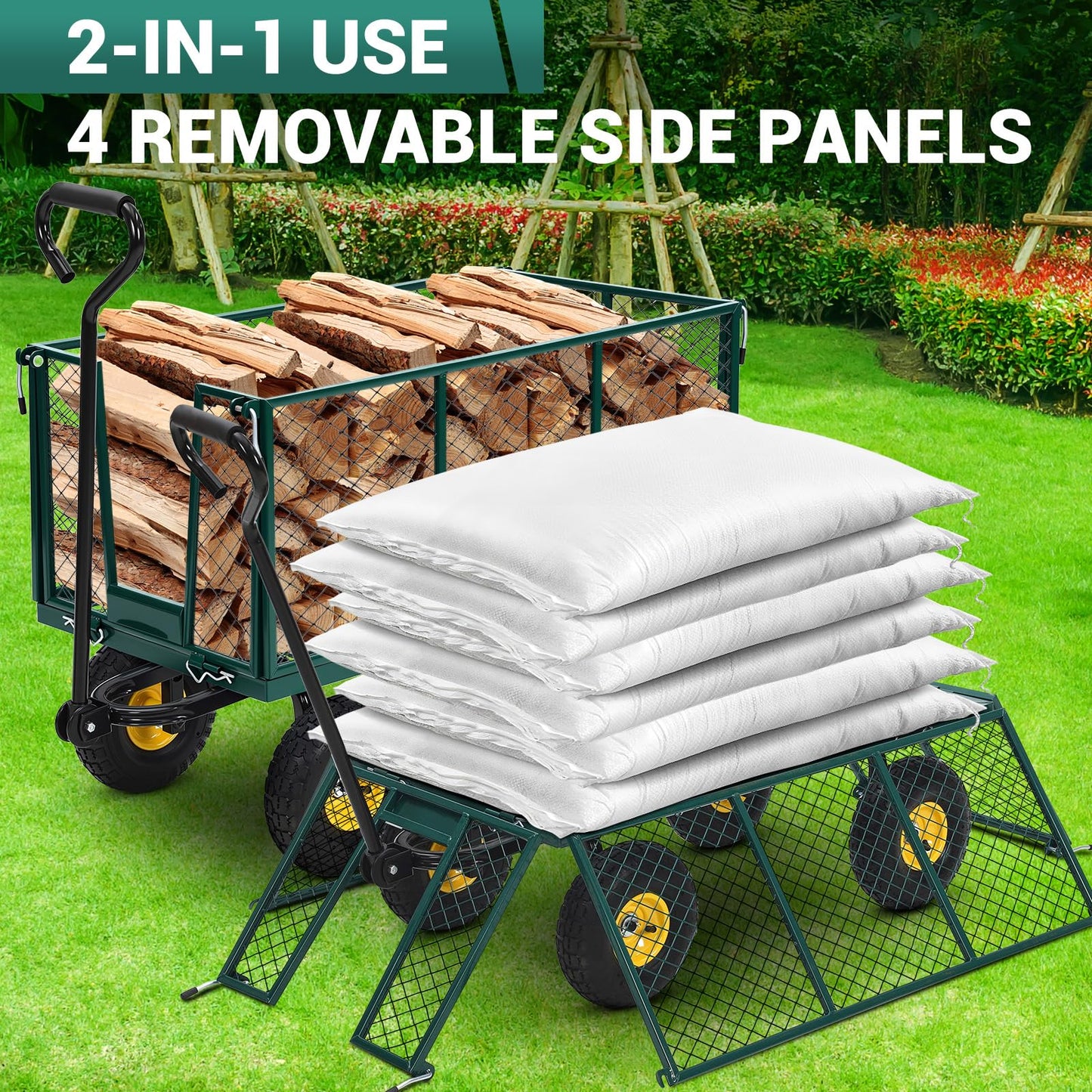 Heavy Duty 500 LBS Steel Garden Cart with 10" Tires, Garden Wagon Cart with 180° Rotating Handle and Removable Sides, Metal Wagon for Yard, Farm, Lawn