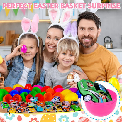 Seifar 48 Pack Prefilled Easter Eggs Filled with Pull Back Cars, Eggs with Racing Vehicle Inside, Easter Hunt Basket Stuffers Party Favors Classroom Prizes Gift for Kids Girls Boys
