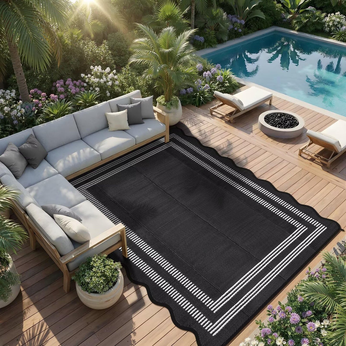 Garvee Waterproof Outdoor Rug 9x18, Scalloped Geometric Foldable Plastic Straw Patio Camping Rug, Outdoor RV Carpet for Deck Camper Porch Balcony Backyard Picnic Beach Black and White