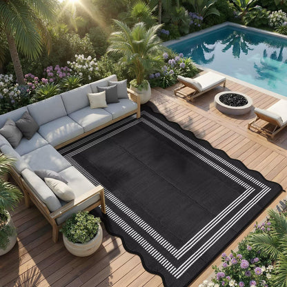 Garvee Waterproof Outdoor Rug 9x18, Scalloped Geometric Foldable Plastic Straw Patio Camping Rug, Outdoor RV Carpet for Deck Camper Porch Balcony Backyard Picnic Beach Black and White