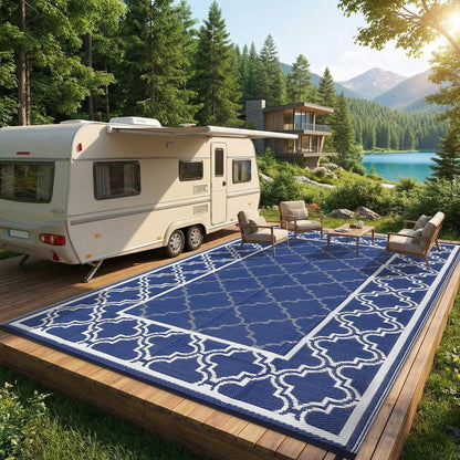 Garvee Reversible Outdoor Rug 10x14, Waterproof Outdoor Plastic Straw Rug with Interlacing Pattern, RV Mat for Picnics, Patio, Camping, Balcony, Deck, Backyard, Porch, Blue