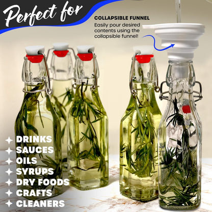 Nevlers 8.5 Oz Square Swing Top Glass Bottles with Stoppers | Flip Top Glass Bottle with Lid 6 Pack | Liquor Bottle Set w/Funnel, Brush & Marker | Water, Dressing & Homemade Vanilla Extract Bottles
