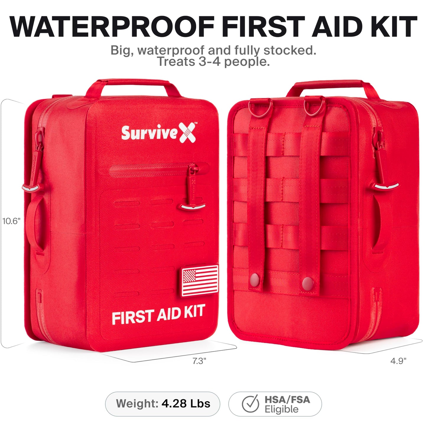 SurviveX Large Waterproof First Aid Kit for Car, Travel & Home - Emergency Kit for Hiking, Camping, Backpacking and Outdoors - Includes Zip Stitch Wound Closure Strips