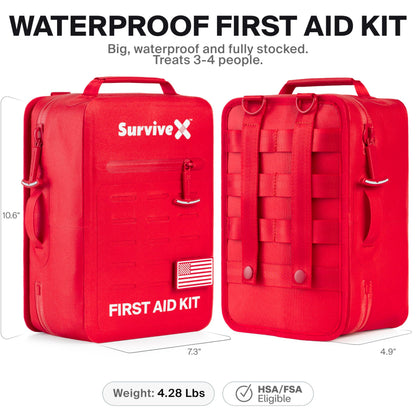 SurviveX Large Waterproof First Aid Kit for Car, Travel & Home - Emergency Kit for Hiking, Camping, Backpacking and Outdoors - Includes Zip Stitch Wound Closure Strips