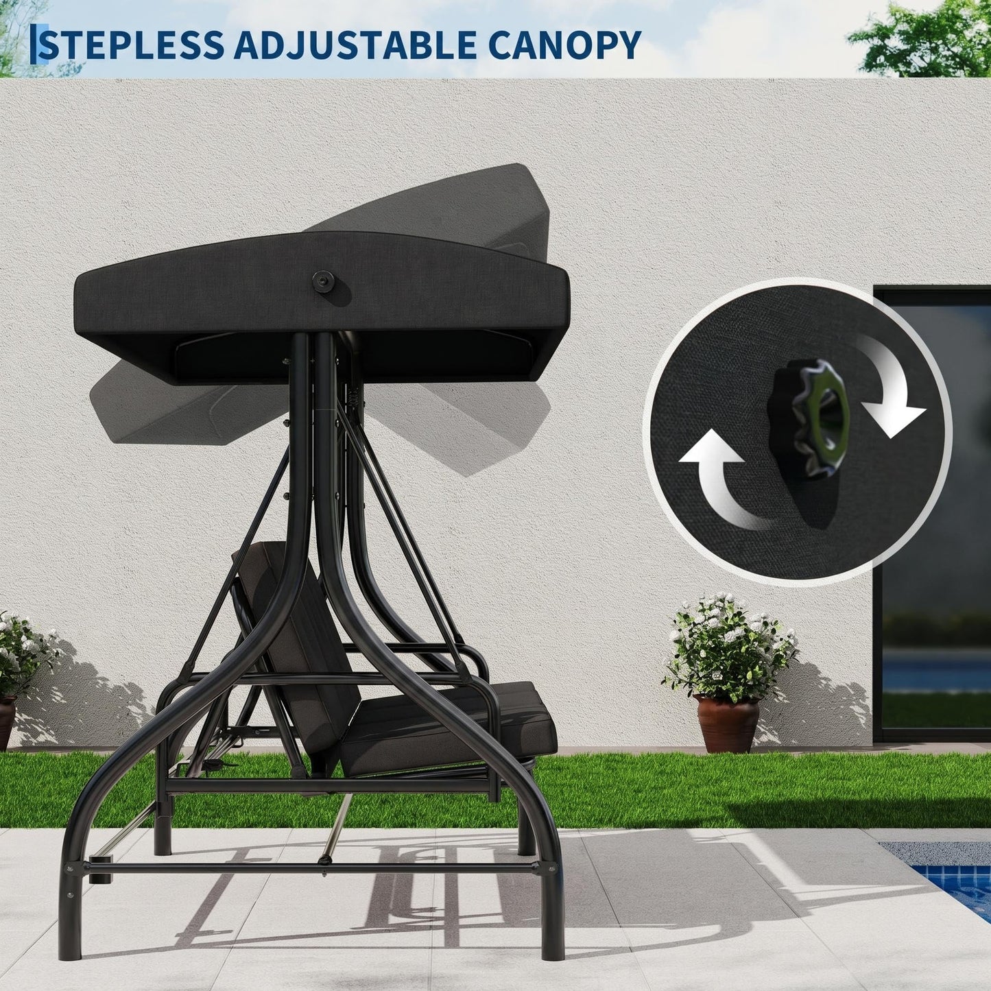 3-Seat Outdoor Porch Swing with Adjustable Canopy, Patio Swing Chair with Stand, 800 Lbs Heavy Duty Steel Frame, Reclines to 180° Swing Bed, Cup Holder Trays, Cushions & Pillows for Garden, Black