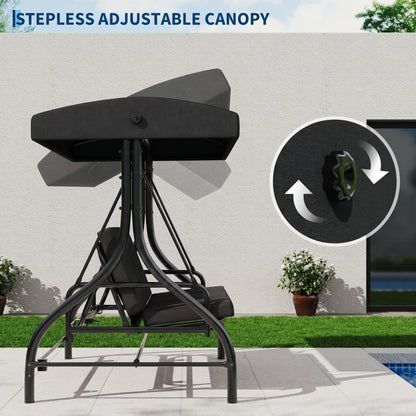 3-Seat Outdoor Porch Swing with Adjustable Canopy, Patio Swing Chair with Stand, 800 Lbs Heavy Duty Steel Frame, Reclines to 180° Swing Bed, Cup Holder Trays, Cushions & Pillows for Garden, Black