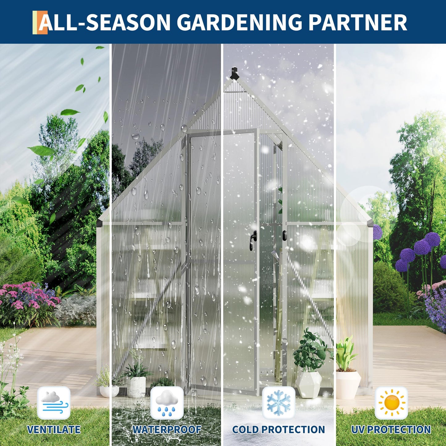 Polycarbonate Greenhouse for Outdoors, Large Walk-InGreenhouse with Quick Setup Structure and Roof Vent, Greenhouse with Ventilation
