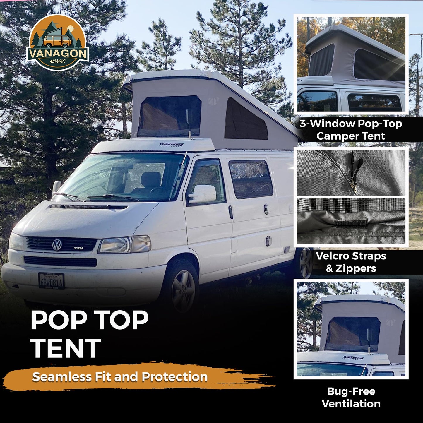 Roof Top Tent 3-Window Pop Top Car Camping Tent Durable Light Grey Canvas Compatible with VW T4 Eurovan Winnebago Camper Long Wheel Base LWB - Grey Mosquito Net, 2 Person Rooftop Tents Pop Up Camper