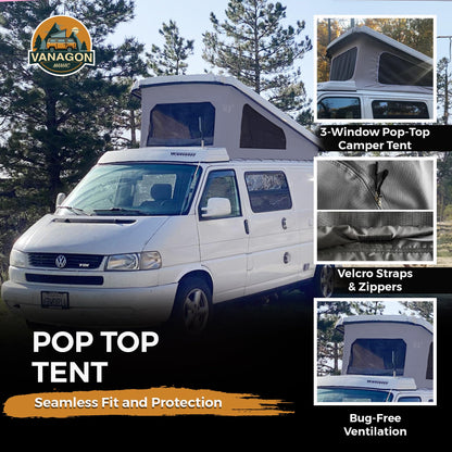 Roof Top Tent 3-Window Pop Top Car Camping Tent Durable Light Grey Canvas Compatible with VW T4 Eurovan Winnebago Camper Long Wheel Base LWB - Grey Mosquito Net, 2 Person Rooftop Tents Pop Up Camper