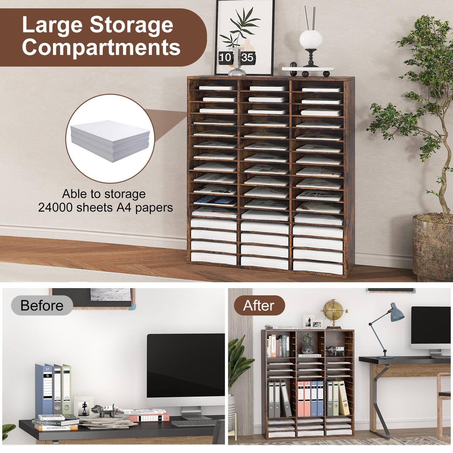 EasyPAG Wooden Literature Organizer with Adjustable Shelves, 48 Compartments Office Paper Organizer Storage 24000 Sheets Letter Size Paper, Student Mailbox for Classroom, Archaize