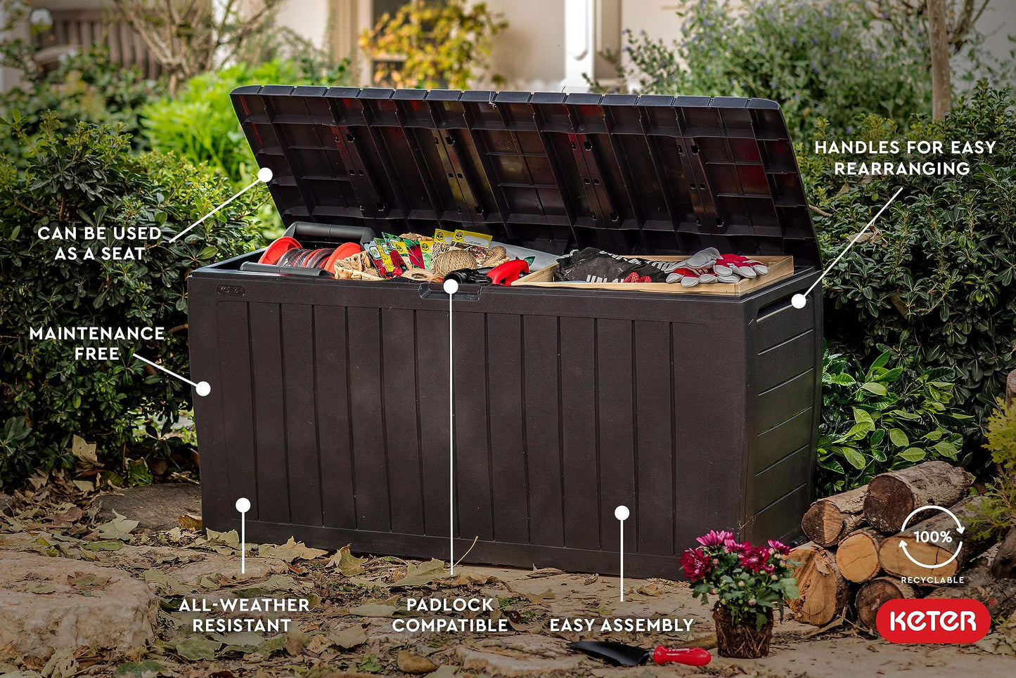 Keter Marvel Plus 71 Gallon Resin Outdoor Storage Box for Patio Furniture Cushions, Throw Pillows, Garden Tools and Pool Floats, Brown
