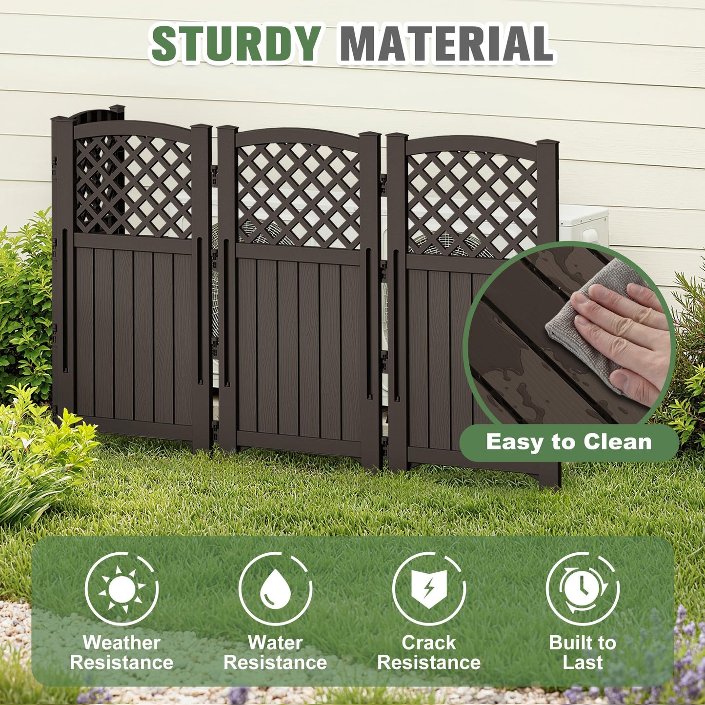 Greesum Air Conditioner Privacy Fence Screen, 4 Panels Trash Can Enclosure, 49.45" H x 22.62" W, Weather Resistant for Outdoor Pool Equipment, Garbage Bins, Brown