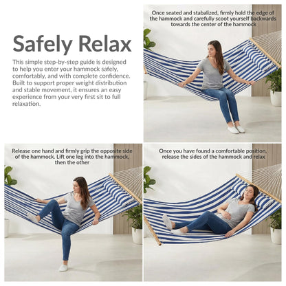 Sunnydaze Quilted Double Hammock for Outside with Spreader Bars and Pillow - 450 lb Capacity, 74x55 Inch Bed, UV Resistant, Quick Dry - Chains Included, Stand Sold Separately - Woodland Stripe