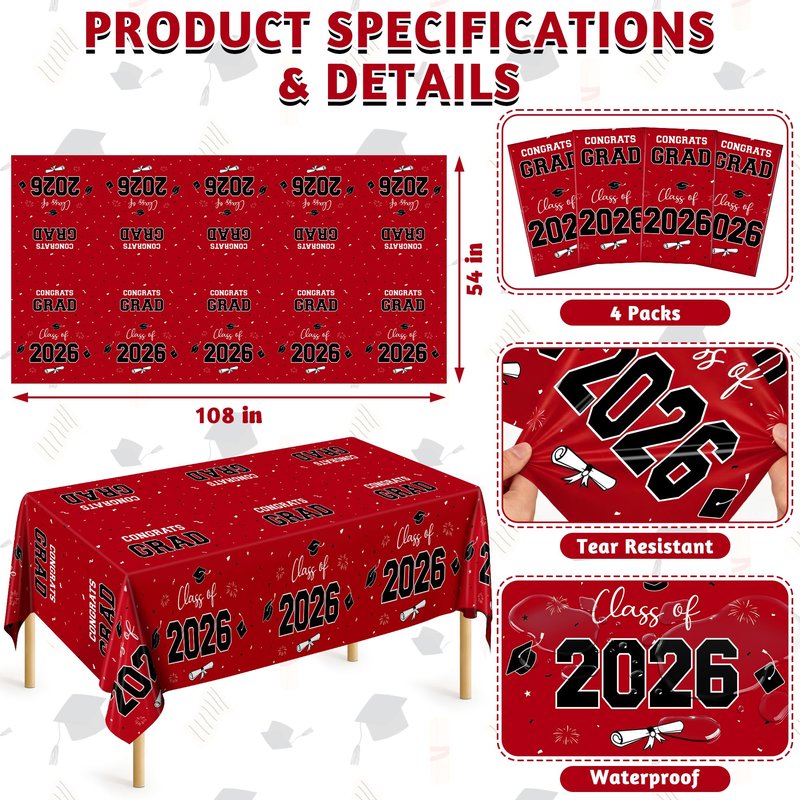 QZYL 4 Pack Graduation Table Cloth, 54" x 108" Red 2026 Graduation Table Decorations, Disposable Grad Party Decorations for College, Rectangle Plastic Tablecloth for Class of 2026 Congrats Grad