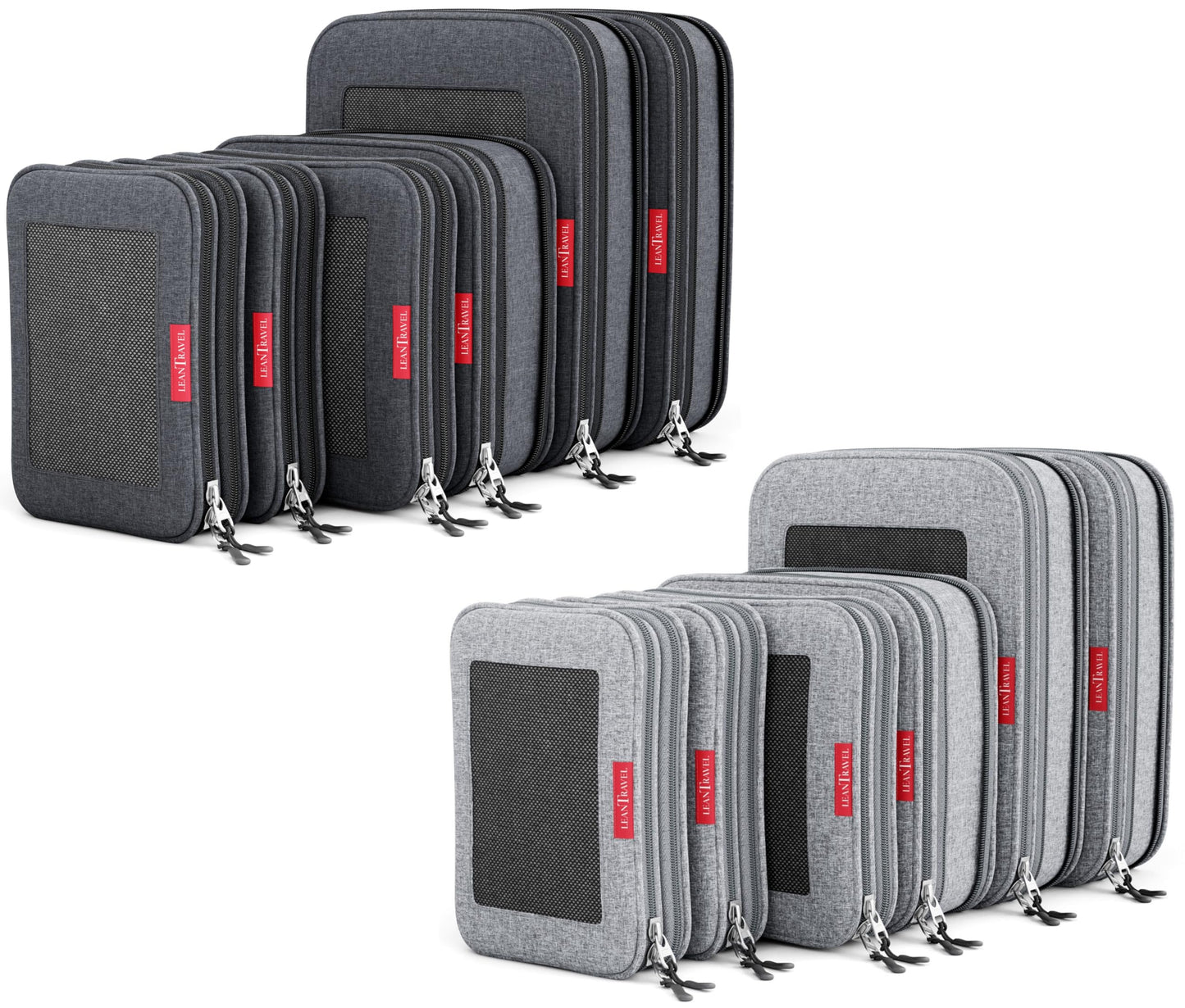 LeanTravel Compression Packing Cubes for Travel Organizers with Double Zipper (12-Pack Grey-Black)
