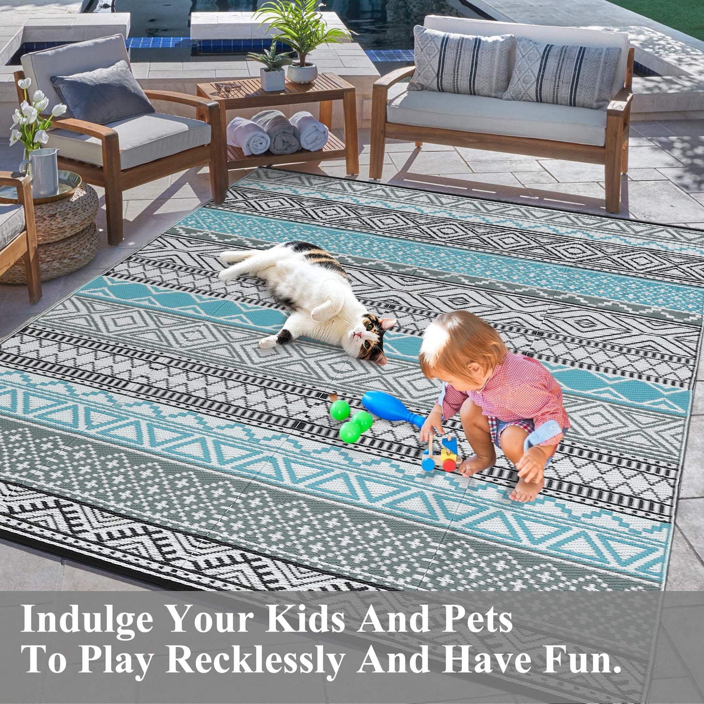 GarveeHome Outdoor Rug for Patio Clearance,10x14 Waterproof Large Mat, Reversible Plastic Camping Rugs, Outside Rug for Rv, Porch, Deck, Camper, Balcony, Backyard, Blue/Grey