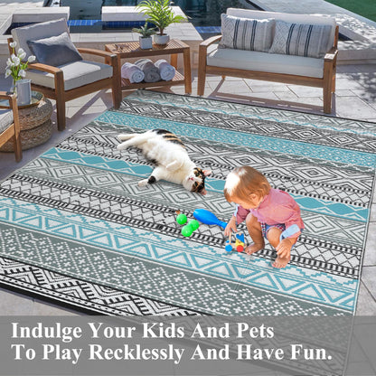 GarveeHome Outdoor Rug for Patio Clearance,10x14 Waterproof Large Mat, Reversible Plastic Camping Rugs, Outside Rug for Rv, Porch, Deck, Camper, Balcony, Backyard, Blue/Grey