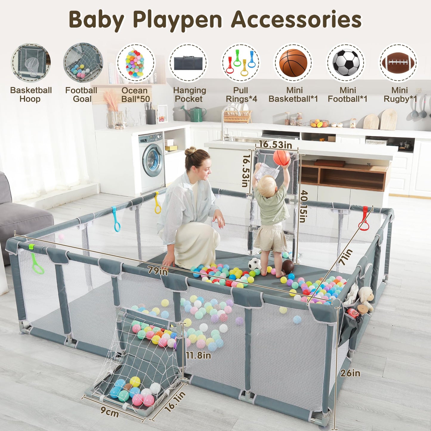 XNWQL Baby Playpen, 79"x71" Indoor ＆ Outdoor Playpen with Breathable Play Pen with Ocean Balls Hanging Pocket Basketball Hoop and Football Goal