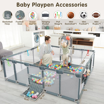 XNWQL Baby Playpen, 79"x71" Indoor ＆ Outdoor Playpen with Breathable Play Pen with Ocean Balls Hanging Pocket Basketball Hoop and Football Goal