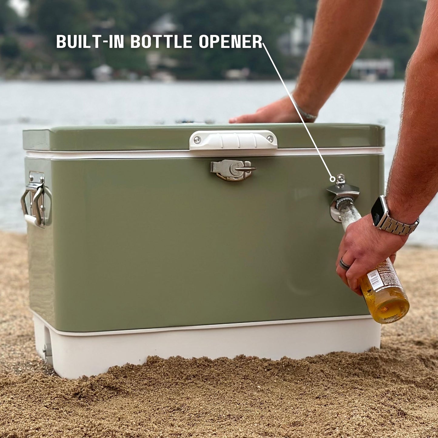 FSE Hard-Sided 54 Qt Metal Cooler, 80 Can Vintage Ice Chest, Durable Two-Tone Design with Latch Lid, Built-in Bottle Opener, Plastic Liner & Side Handles, Green/Cream