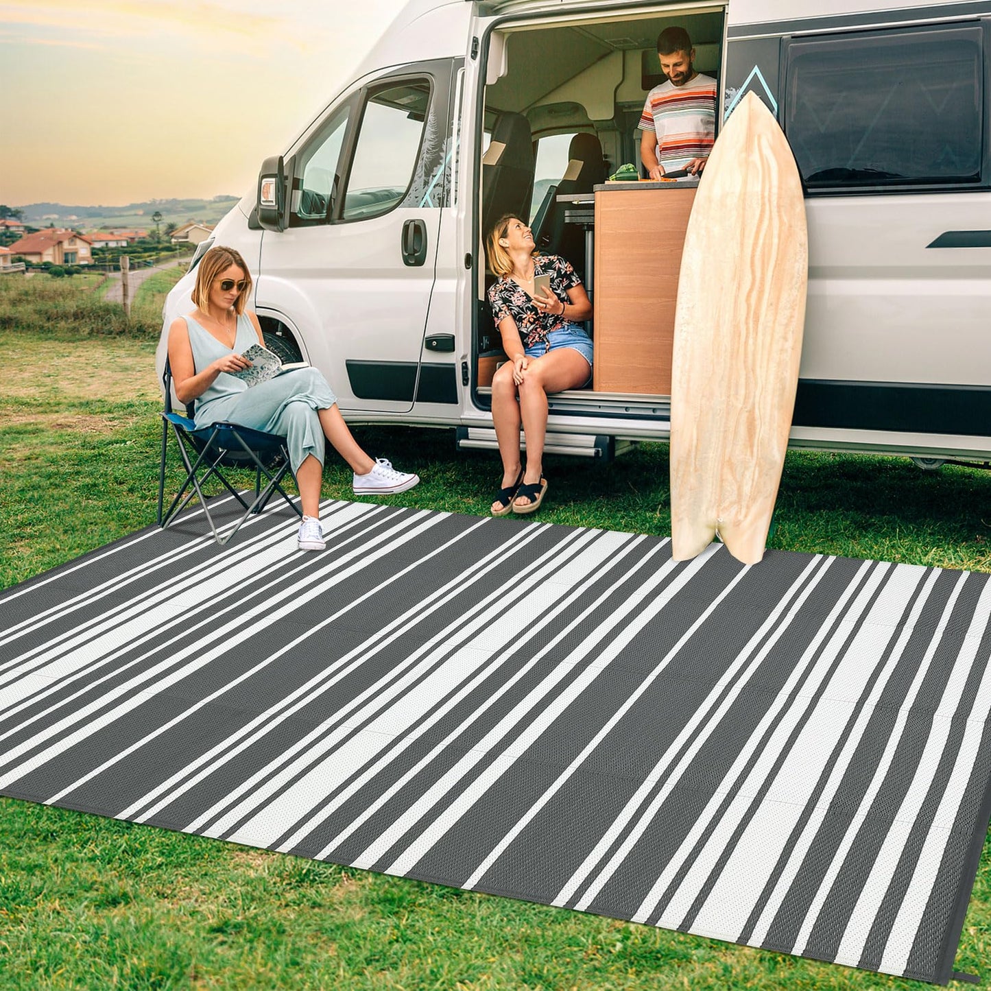 GarveeHome Outdoor Rug Mat for Patio, 9x18 Plastic Straw Rug, Modern Striped Outdoor Camping Rugs for Patio, RV, Porch, Deck, Backyard, Balcony, Camping, Trailer (Grey)
