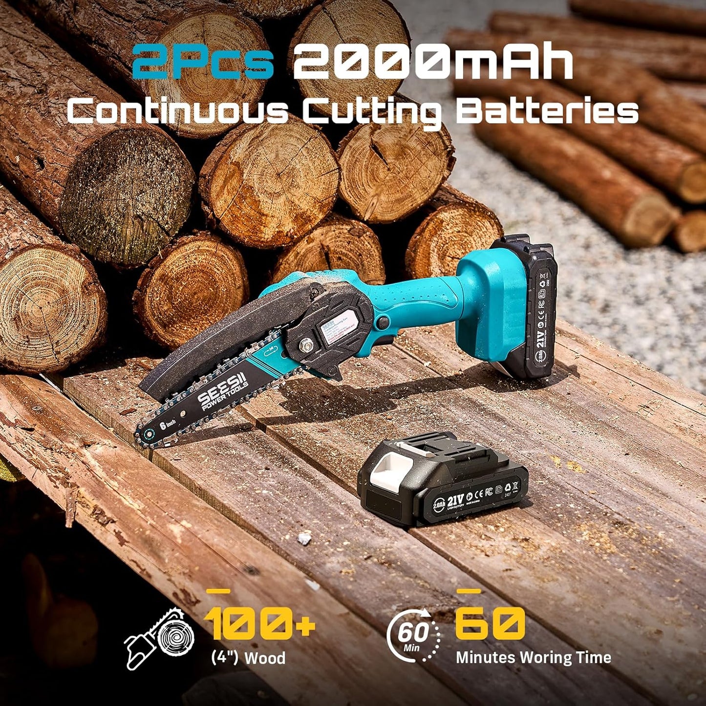 Seesii Mini Chainsaw - 6-Inch Cordless Electric Power Chain Saw with 2 Batteries | Ideal for Tree Trimming & Wood Cutting