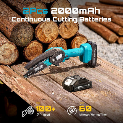 Seesii Mini Chainsaw - 6-Inch Cordless Electric Power Chain Saw with 2 Batteries | Ideal for Tree Trimming & Wood Cutting