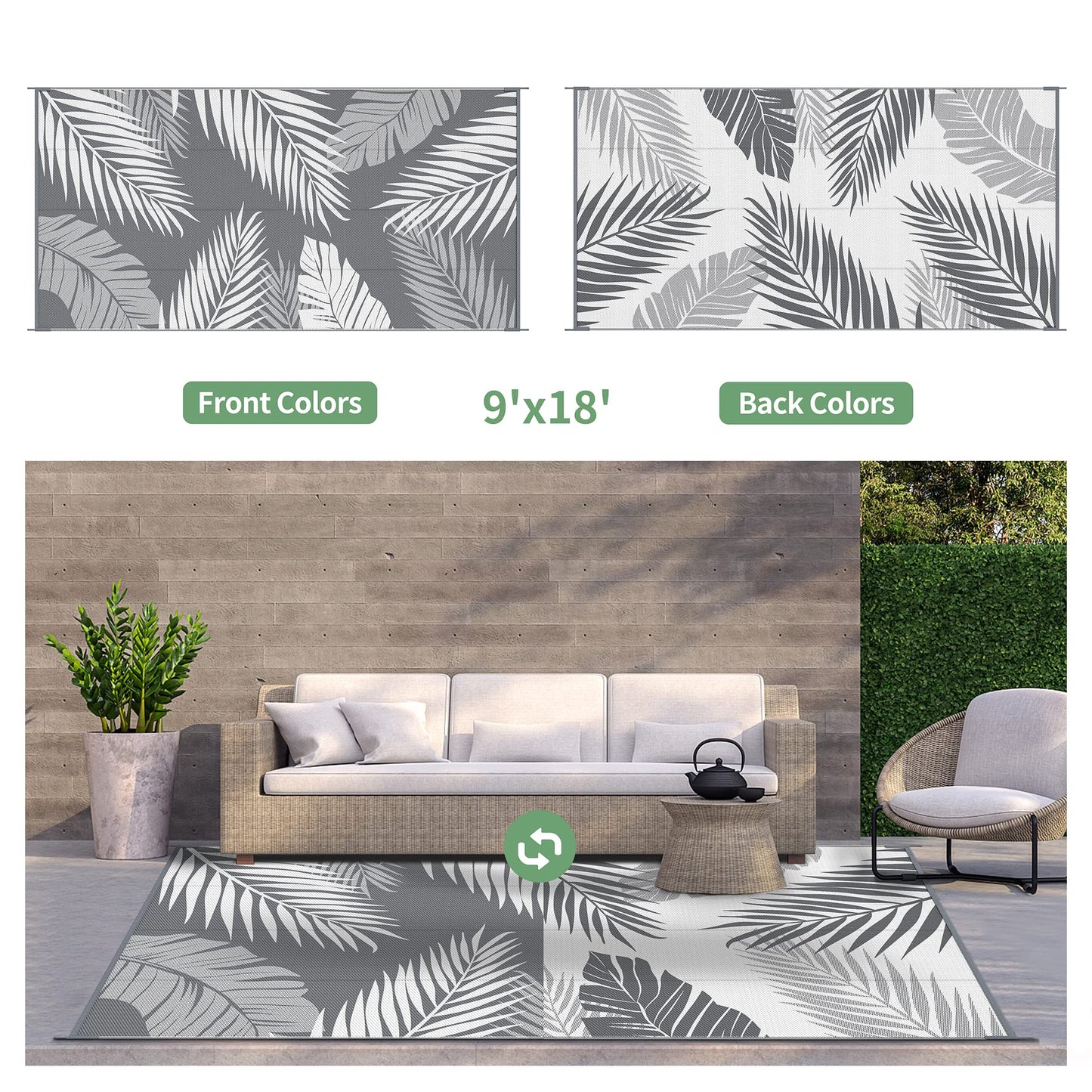 GENIMO Outdoor Rug 9' x 18' Waterproof for Patios Clearance, Reversible, Plastic Straw Camping Rug Carpet, Large Area Rugs Mats for RV, Picnic, Backyard, Deck, Balcony, Porch, Beach, Grey&White