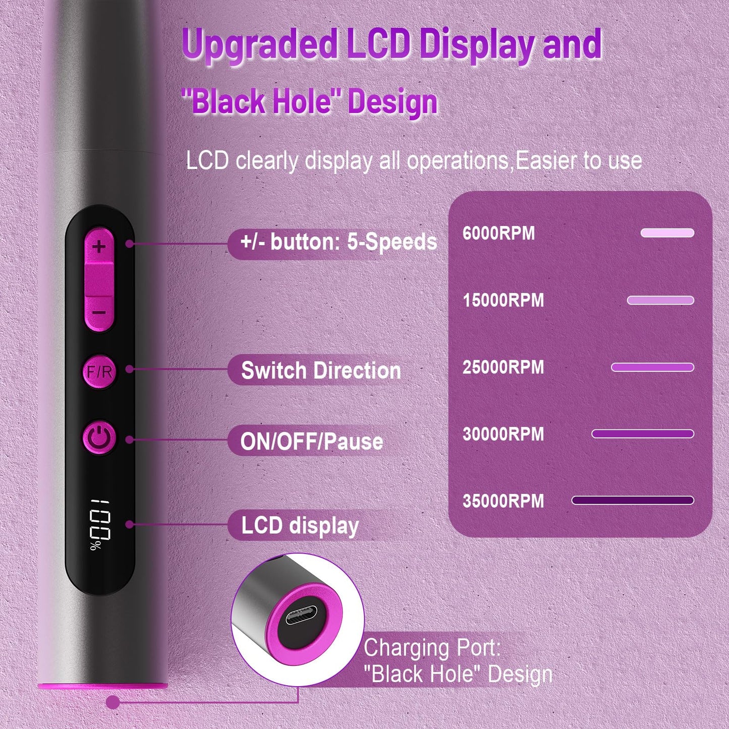 Electric Nail Drill Professional, 35000RPM Cordless Acrylic Nail Kit for Nail Polish Remover, Electric Nail File Buffer Grinder, Nail Filer Electric Manicure and Pedicure kit (Matte Gray)