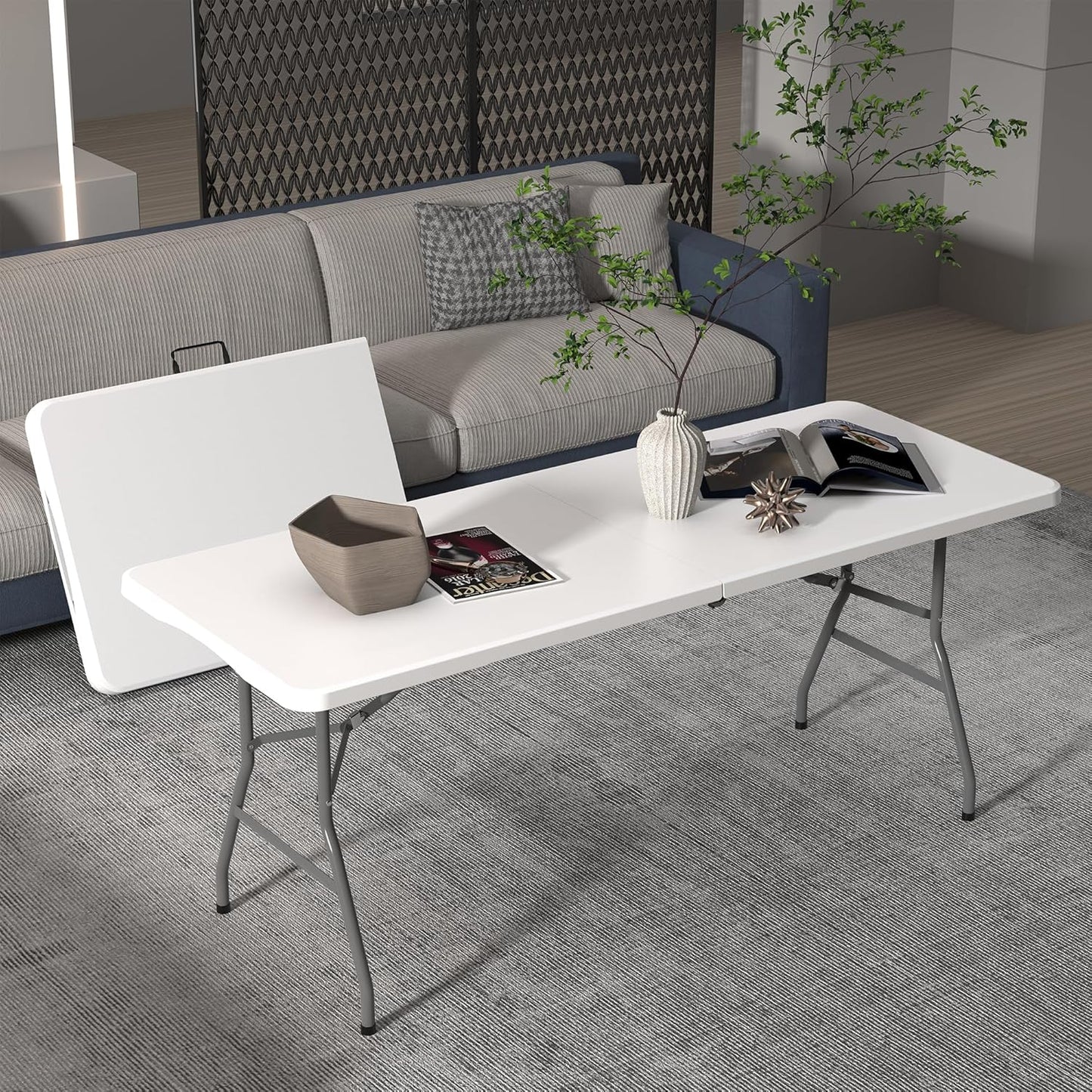 Allpop 6Ft Folding Table - Portable Plastic Dining Table with Carrying Handle for Indoor/Outdoor Use | White