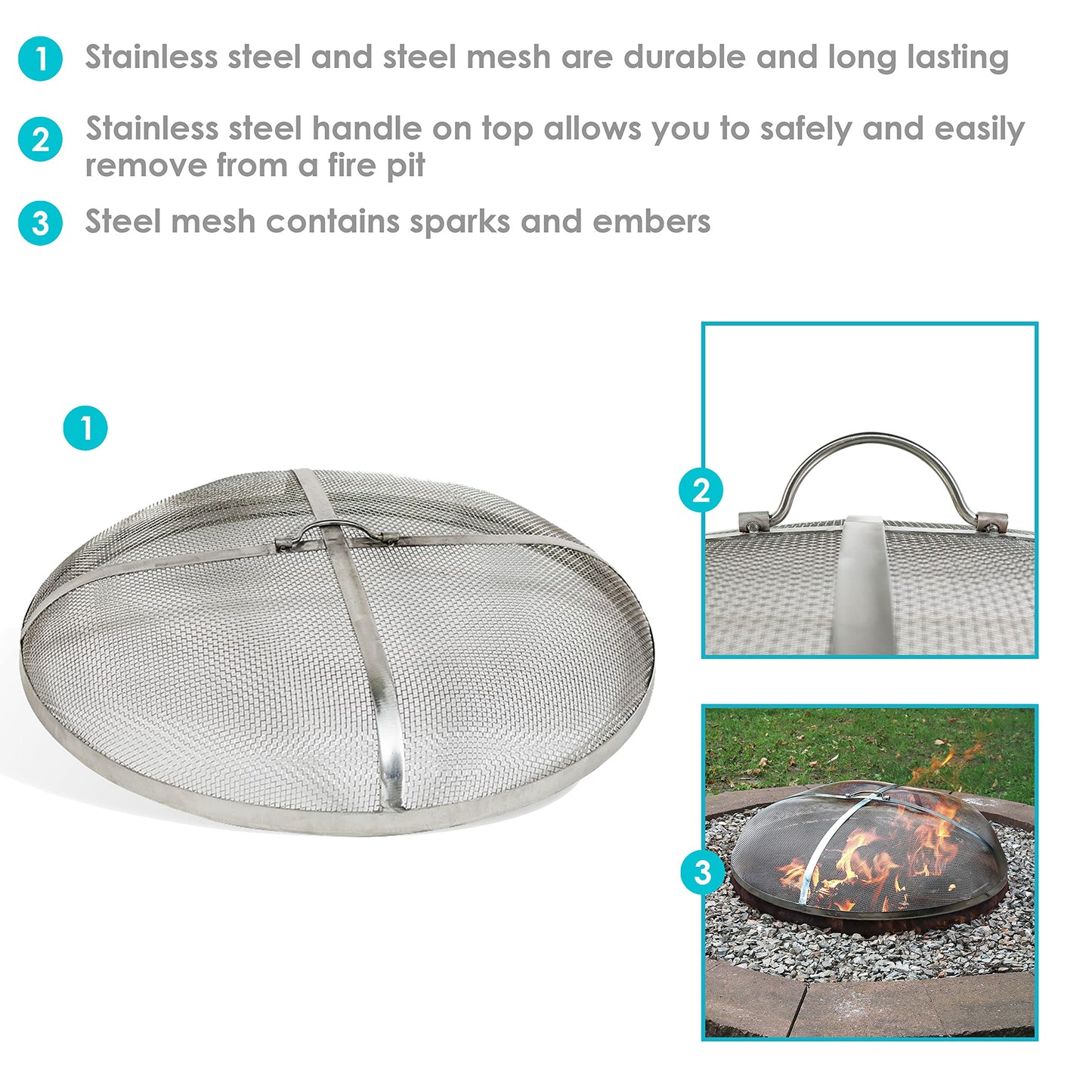 Sunnydaze Round Fire Pit Screen Cover - 40-Inch Stainless Steel Mesh Fire Pit Spark Screen - Spark Lid Top Cover with Handle