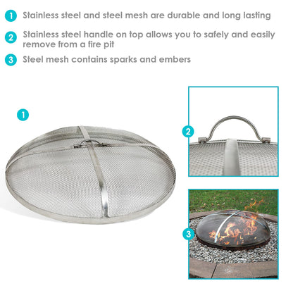 Sunnydaze Round Fire Pit Screen Cover - 40-Inch Stainless Steel Mesh Fire Pit Spark Screen - Spark Lid Top Cover with Handle