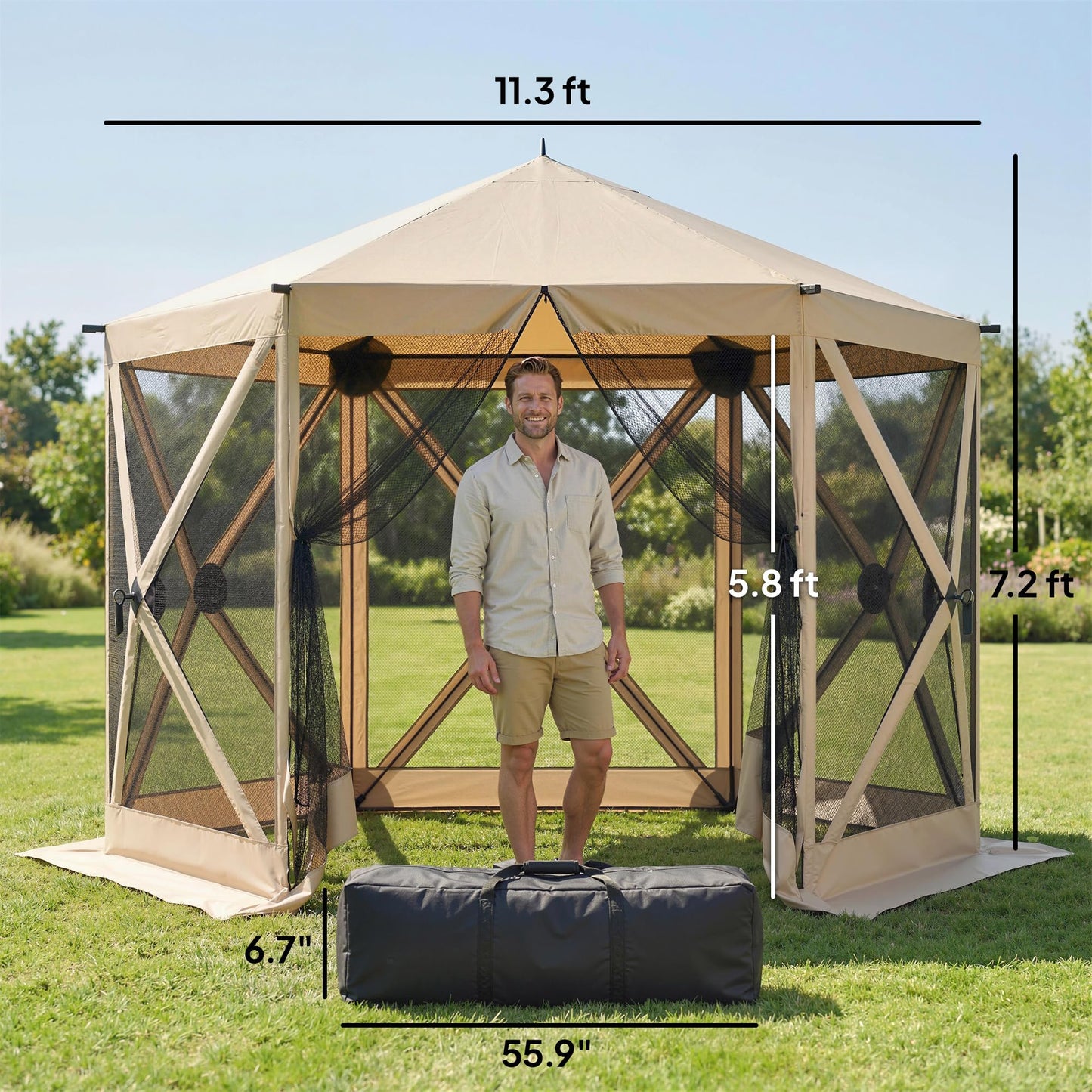 Outsunny 10 x 11 ft Pop Up Gazebo Screen Tent, Outdoor Portable Instant Camping Canopy Screen House Sun Shelter with Mesh Nettings, Carry Bag, Ground Stakes, Ropes for Patio, Backyard, Beige