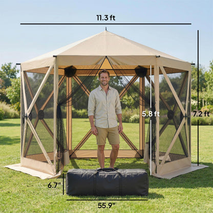 Outsunny 10 x 11 ft Pop Up Gazebo Screen Tent, Outdoor Portable Instant Camping Canopy Screen House Sun Shelter with Mesh Nettings, Carry Bag, Ground Stakes, Ropes for Patio, Backyard, Beige