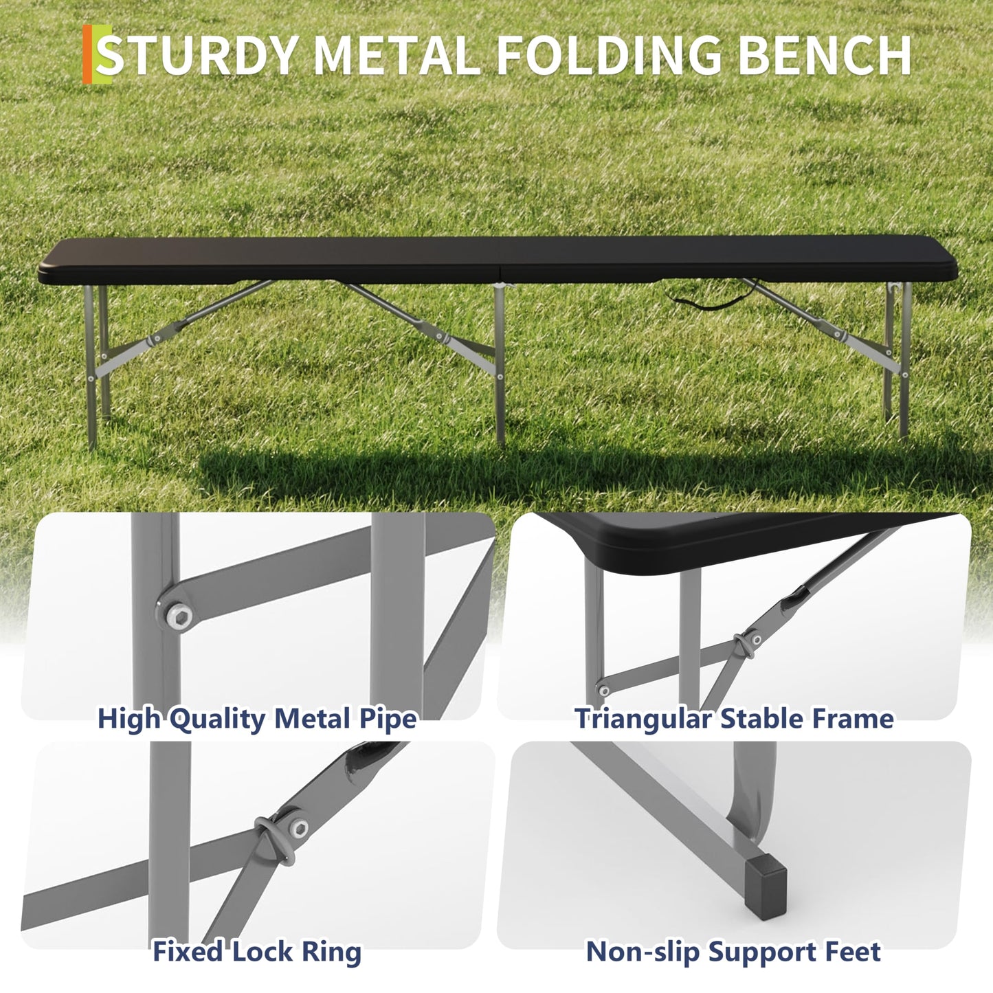 Garvee 6FT Folding Bench 2 Pack, Plastic Portable Folding Bench Seat with Carry Handle & Lock for in/Outdoor Activities, Picnic, Soccer, Caming Dining Seat, Black